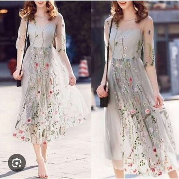 Misslook Mesh Sheer Floral Embroidered Dress Boho Cottagecore Midi 3/4 Sleeve 12 - Picture 15 of 16